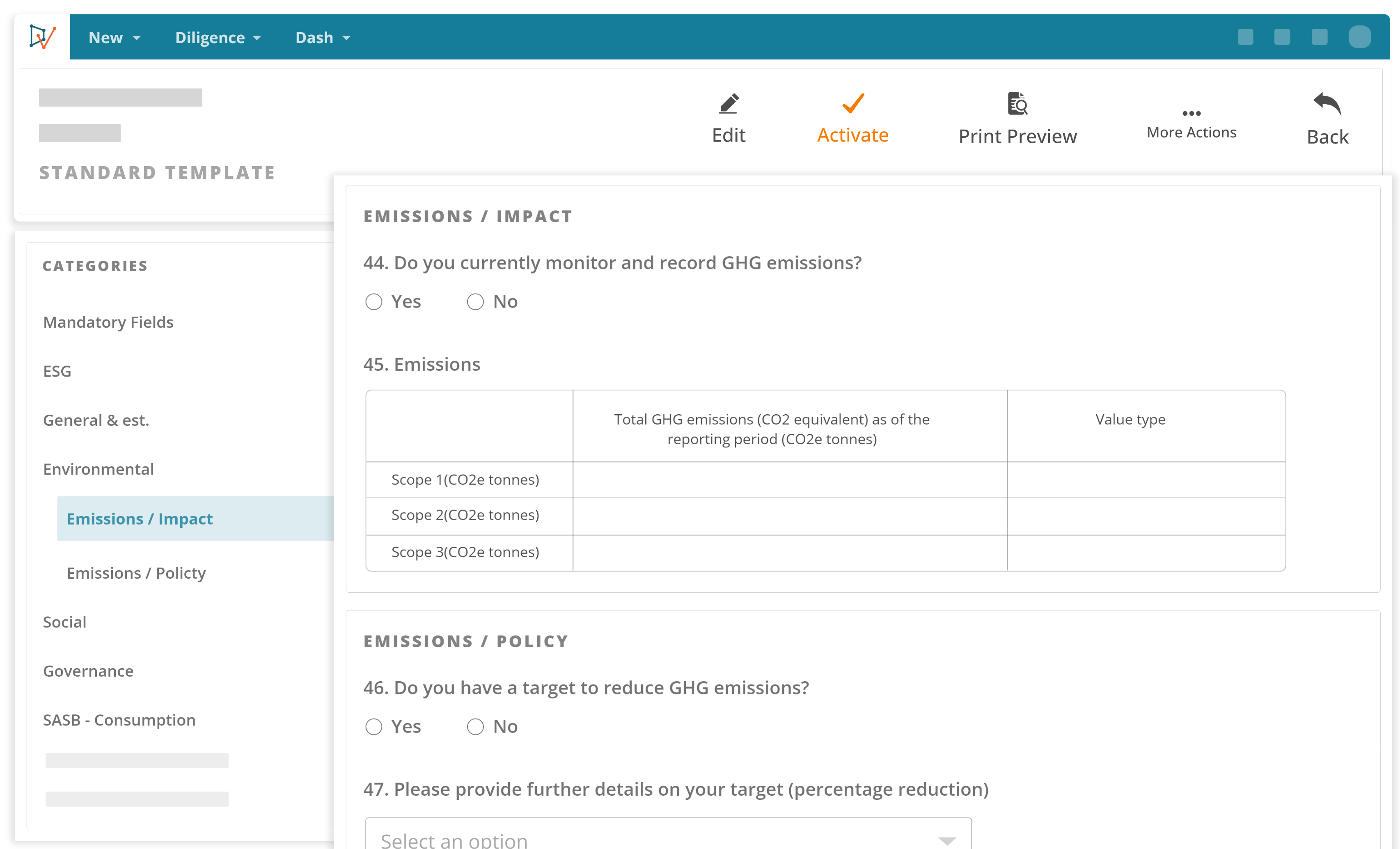 eFront ESG questionnaire